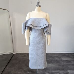 Fame & Partners Strapless Off the Shoulder Ruffle Knit Dress Gray 4 cocktail